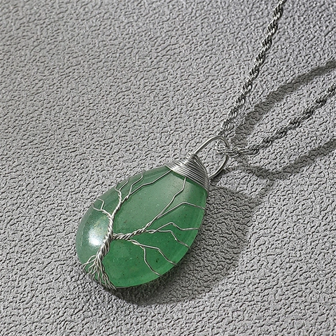 Tree Of Life Wire Wrapped Water Drop Pendant Necklace Natural Green Aventurine Stone Stainless Steel Twist Chain For Men Women Vintage Ethnic Jewelry