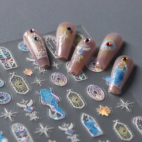 Holographic 3D Embossed Metallic Nail Stickers Mermaid Moon Star Gothic Style Adhesive Manicure Decals DIY