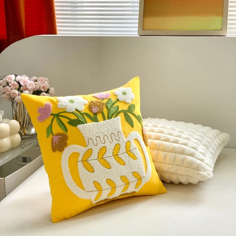 Coussin de Canapé Brodé de Style Crème Moderne Minimaliste Floral Salon Chevet Housse de Oreiller Décoratif