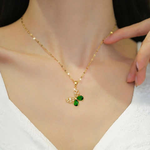 Hollow Butterfly Necklace And Earrings With Green White Zircon Titanium Steel Silver Earring Post Elegant Banquet Jewelry For Women