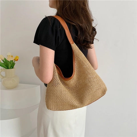 Woven Straw Hobo Shoulder Bag With PU Leather Trim Large Capacity Underarm Handbag Vintage Casual For Women