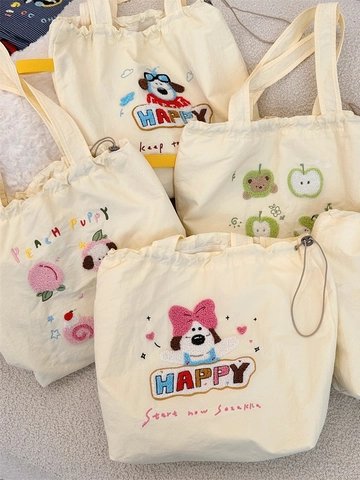 Dames Tote Tas Polyester Canvas Grote Capaciteit Trekkoord Leuke Cartoon Borduurwerk Koreaanse Stijl Casual Handtas
