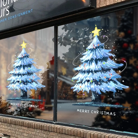 Christmas Tree Window Sticker Blue PVC Static Cling Double Sided UV Printed Glue Free Removable Holiday Decor For Glass