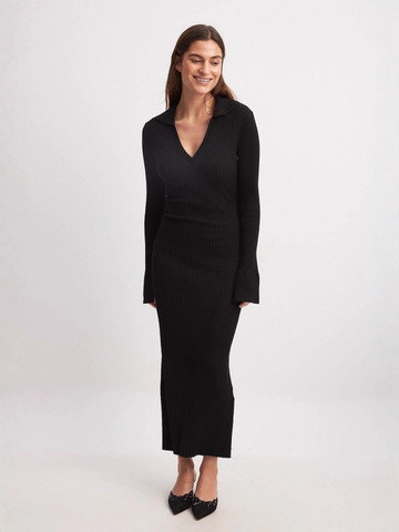 Knitted Maxi Dress Women Long Sleeve Deep V Neck Lapel Ribbed Slim Fit Flared Sleeve Elegant Solid Color Sweater Dress