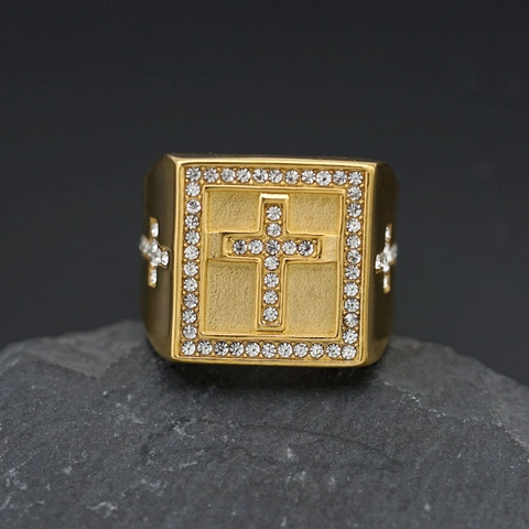 Men Hip Hop Stainless Steel Square Signet Ring With Iced Out Cross Rhinestones Punk Religious Jewelry Gold Color