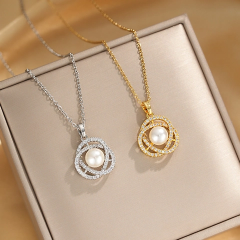 Elegant Camellia Rose Pendant Necklace Titanium Steel Copper Zircon Artificial Pearl Enamel Jewelry For Women