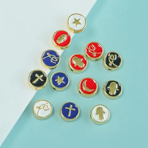 Gold Plated Copper Enamel Charms Round Beads For DIY Jewelry Making Religious Cross Moon Star Heart Hamsa Patterns