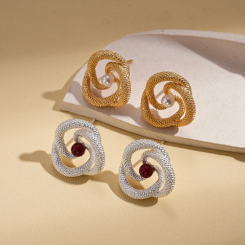 Vintage Twisted Geometric Earrings With 925 Sterling Silver Earring Post Copper Imitation Artificial Pearl Red Bead Retro Studs For Women