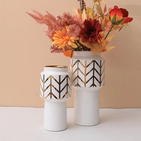 Modern Ceramic Vase And Artificial Flower Gilded Chevron Pattern Desktop Ornament Home Decor Nordic Style Luxury