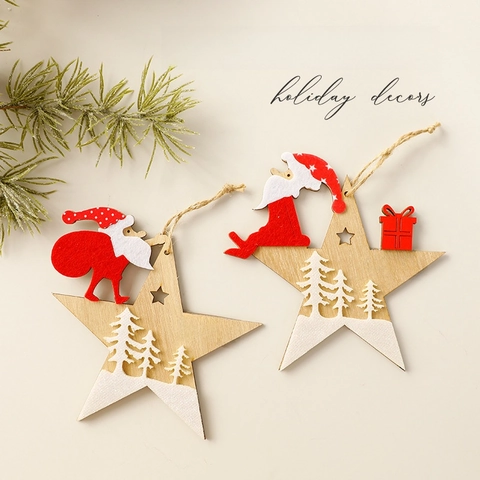 Christmas Wooden Pendants Santa Claus Gnome Star Hanging Ornaments For Festive Tree Decoration Red White Wood Felt Craft