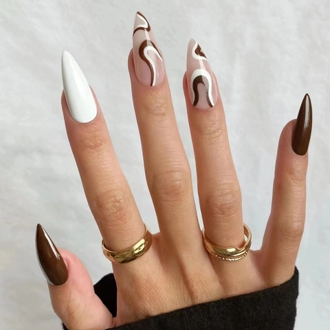 Uñas Postizas Largas Almendradas Press On Diseño Ondas Chocolate Remolino Café Con Leche Marrón Blanco Artificiales Para Mujeres