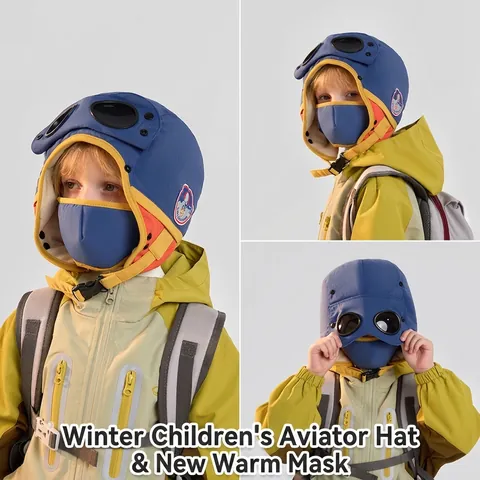 Kinder Winter Aviator Hoed Fleece Gevoerd Oorbescherming Winddicht Met Bril Afneembaar Masker Warm Outdoor Piloot Stijl