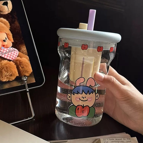 High Borosilicate Glass Straw Cup Heat Resistant With Tea Filter Cartoon Portable Drinkware For Office Coffee Fruit Tea