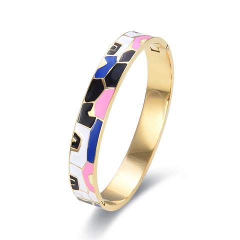 Stainless Steel Enamel Bangle Bracelet Geometric Colorful Pattern Hinge Clasp Modern Art Jewelry For Women
