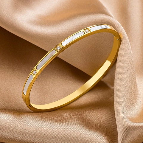 Armreif Titanstahl Perlmutt Eingelegtes Zirkon Strahlender Schmuck Eleganter Luxus Damen Armband Minimalistisches Design