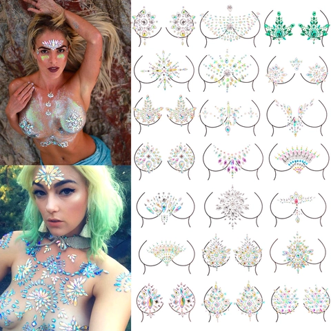 Rhinestone Body Jewels Chest Stickers Face Gems Holographic Acrylic Self Adhesive For Festival Rave Party Sexy Glamorous