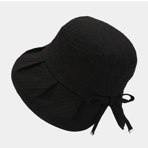 Women Sun Protection Bucket Hat Textured Bubble Fabric Bowknot Foldable Breathable Summer Beach Outdoor Elegance Fashion