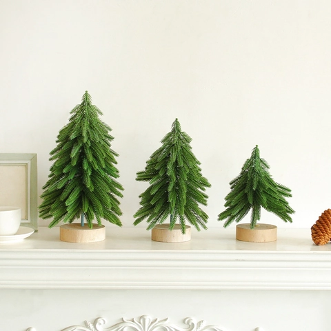 Mini Sapin De Noël Décoration De Table Plastique Cèdre Givré Avec Base En Bois Ornement Saisonnier