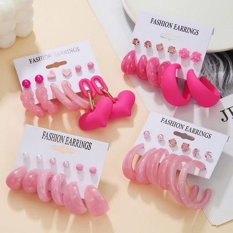 Pink Heart Stud And Hoop Earrings Acrylic Resin Faux Artificial Pearl Rhinestone Geometric Fashion Jewelry For Women