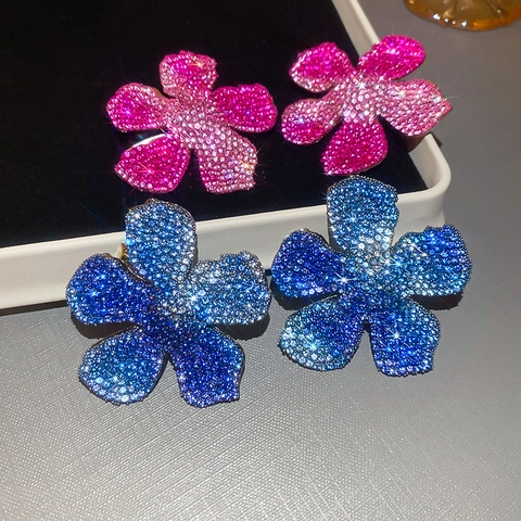 Orecchini A Lobo Fiore Sovradimensionato Strass Sfumati Gioielli In Lega Con 925 Sterling Silver Earring Post Donna