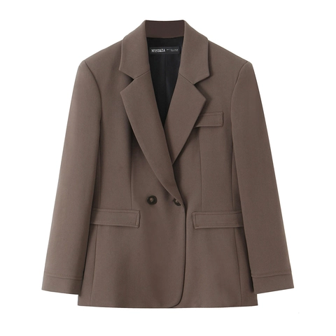 Women Double Breasted Blazer And Tapered Pants High Waist Solid Color Casual Office Street Style Brown