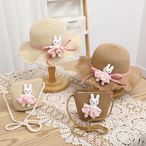 Cappello Di Paglia Per Bambini E Borsa A Tracolla Con Coniglietto Di Peluche Bordo Ondulato Estate Spiaggia Per Ragazze