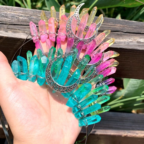 Handmade Bohemian Crystal Moon Crown Headband Natural Raw Quartz Pillars Tiara For Women Party Gothic Hair Accessories