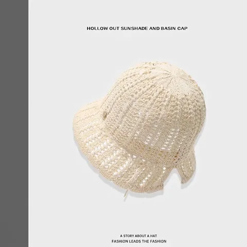 Women Knit Bucket Hat Polyester Cotton Hollow Breathable Wide Brim Sun Protection Adjustable Strap Korean Style