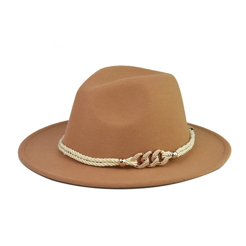 Vintage Wide Brim Fedora Hat Flat Top Cotton Blend Felt Hat With Braided Band Gold Metal Chain Decor For Women Men Party