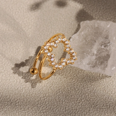 Mode Roestvrijstalen Zirkonia Ring Voor Dames Klavertje Vier Bloem Geometrisch Hol Open Verstelbaar Sieraden