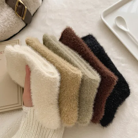 Women Fuzzy Socks Thickened Faux Mink Velvet Thermal Warm Sleeping Home Floor Crew Socks Elastic Soft Solid Color