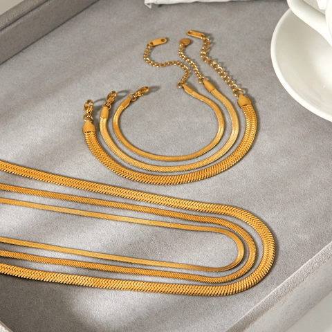 Collar Y Pulsera De Cadena De Serpiente Plana Para Mujer Acero Inoxidable Chapado En Oro De 18K Joyas Minimalistas