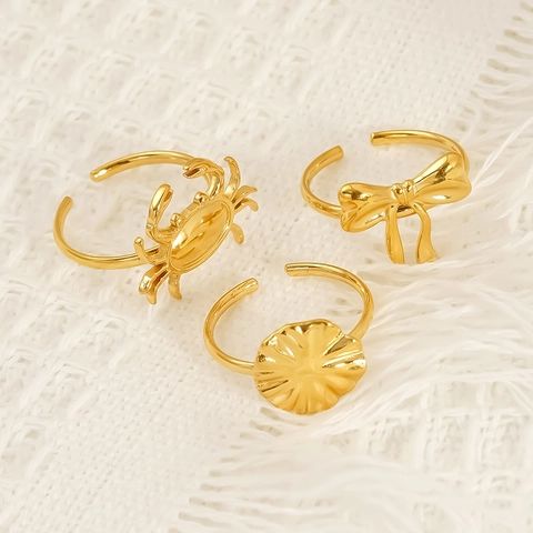 18K Vergoldete Titanstahl Offene Ringe Für Frauen Schleife Krabbe Und Ozean Serie Verstellbarer Hypoallergener Schmuck