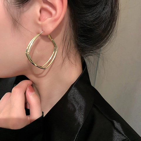 Double Layer Geometric Square Hoop Earrings Alloy With 925 Sterling Silver Earring Post Modern Metallic Style For Women