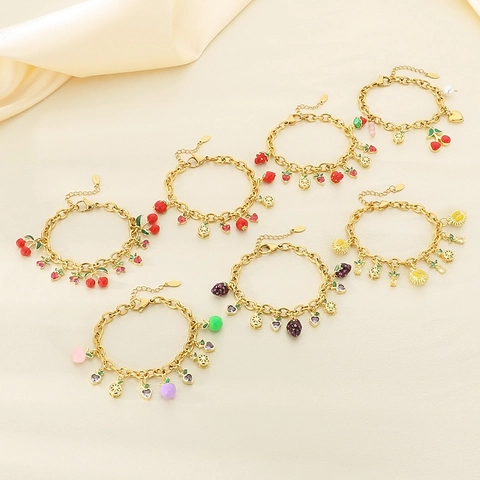 Bracciale Con Ciondoli Frutta Acciaio Inossidabile Placcato Oro Smalto Fragola Ciliegia Mela Zircone Gioielli Estivi Donna