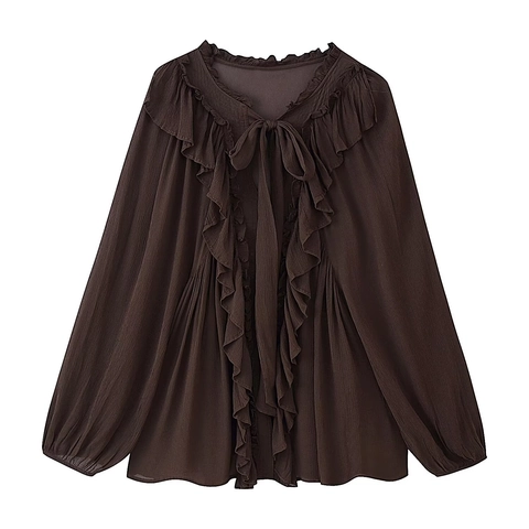 Damen Schluppenbluse Aus Chiffon Mit Rüschen Langarm Plissee Einfarbig Mode Kaffee Oberteil