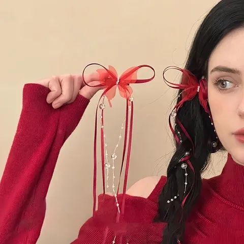 Molletta Per Capelli A Farfalla Con Nastro Rosso Nappa Lunga Fiocco In Tessuto Cristallo Artificiale Strass Accessorio Elegante Da Donna