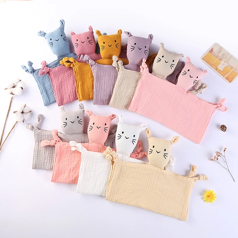 Doudou Neonato Cotone Mussola Gatto Peluche Traspirante Morbido Aiuto Per Il Sonno Neonati Infanti