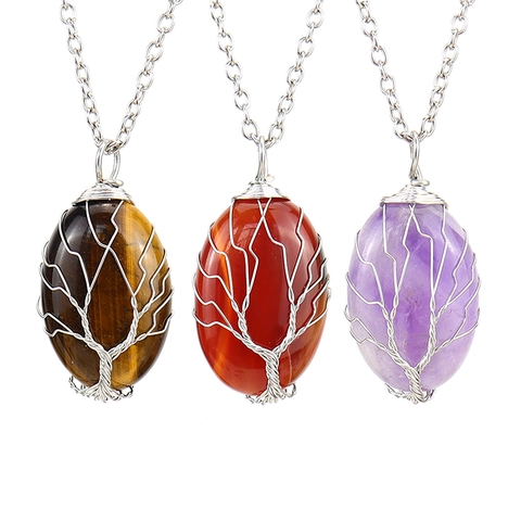 Tree Of Life Anhänger Halskette Handgefertigter Draht Umwickelt Naturstein Oval Heilstein Vintage Schmuck Für Damen