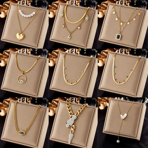 Stainless Steel Artificial Pearl Rhinestone Heart Evil Eye Double Layer Pendant Necklace For Women Fashion Jewelry