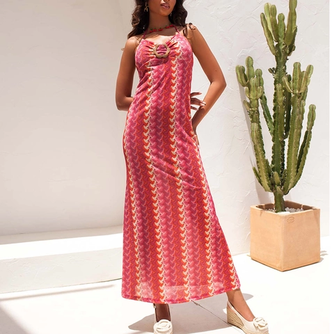 Women Halter Neck Backless Maxi Dress Wavy Geometric Print Bohemian Knit Sleeveless Beach Vacation Long Dresses