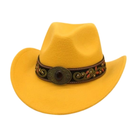 Cappello Da Cowboy Occidentale Fedora In Feltro A Tesa Larga Retrò Fascia Ricamata Etnica Fibbia Con Gemma Boho