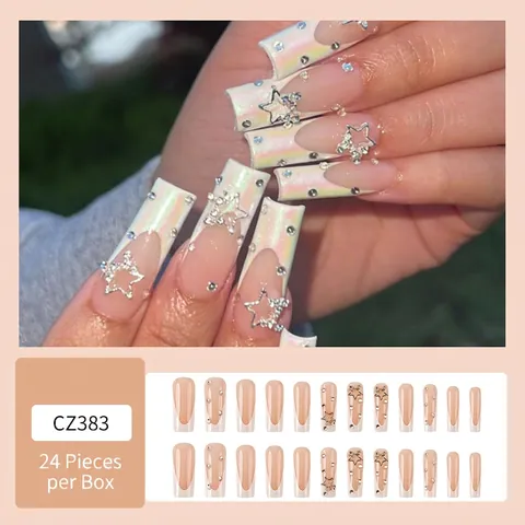 Faux Ongles Longs Carrés French Tip Blanc Irisé Avec Strass Étoilés Ongles Artificiels Élégants Style Tendance Pour Femmes