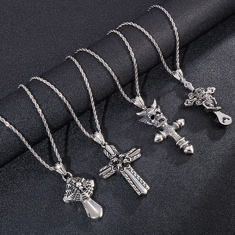 Pendentif Croix En Acier Inoxydable Gothique Punk Crâne Toile Araignée Tête Diable Hommes Bijoux Rétro Vintage