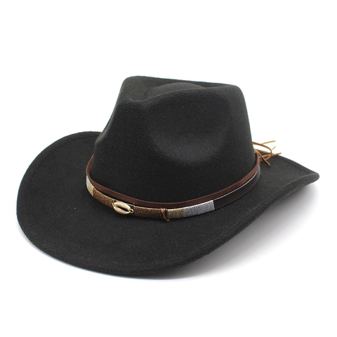 Western Cowboy Hat Wool Felt Wide Brim Adjustable Fedora Bohemian Shell Buckle Braided Band Tassel Men Women Retro