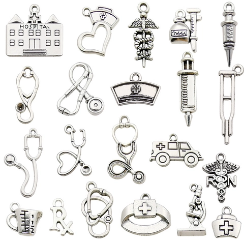 Medical Theme Charms Antique Silver Zinc Alloy Stethoscope Syringe Nurse Hat For DIY Necklace Bracelet Making Craft