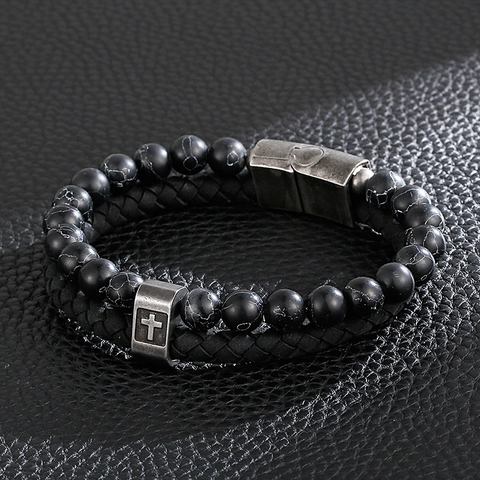 Pulsera De Doble Capa Para Hombre Cuero Trenzado Cuentas De Mármol Acero Inoxidable Cierre Magnético Cruz Vintage Punk Joyas