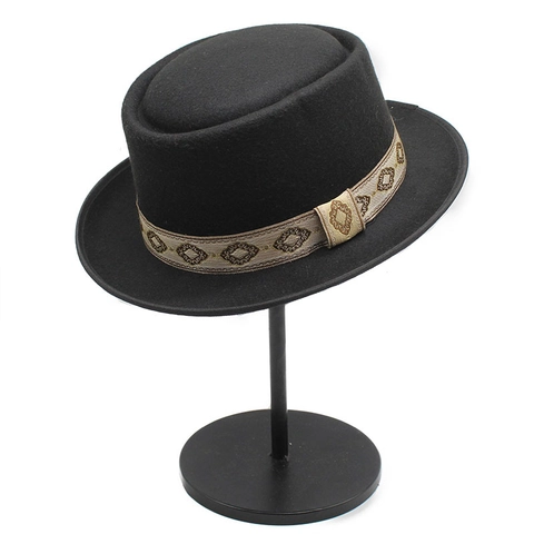 Chapeau Pork Pie En Feutre De Laine Rétro Fedora À Bord Plat Avec Bande Brodée Géométrique Style Britannique