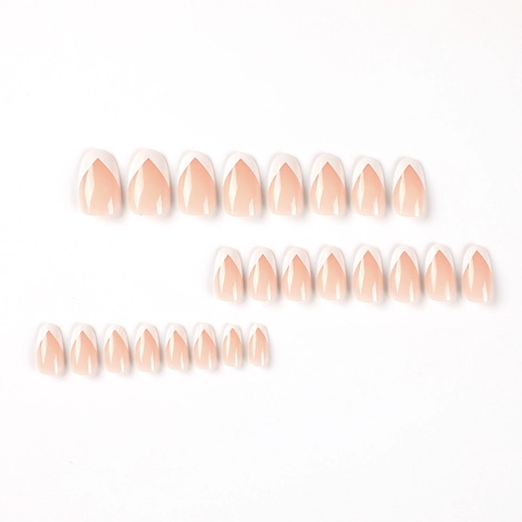 Unghie Finte French V Tip Rosa Nude E Bianco Forma Mandorla Elegante Minimalista Unghie Artificiali Lunghe A Pressione