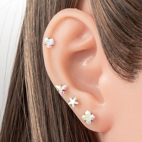 Pendientes Cartílago Acero Inoxidable Circón Iridiscente Cierre Rosca Corazón Estrella Triángulo Cuadrado Redondo Joyería Piercing